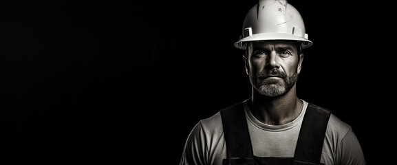black portrait of a simple worker in construction. - obrazy, fototapety, plakaty