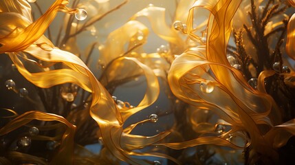 Golden kelp fronds in closeup in the ocean - obrazy, fototapety, plakaty