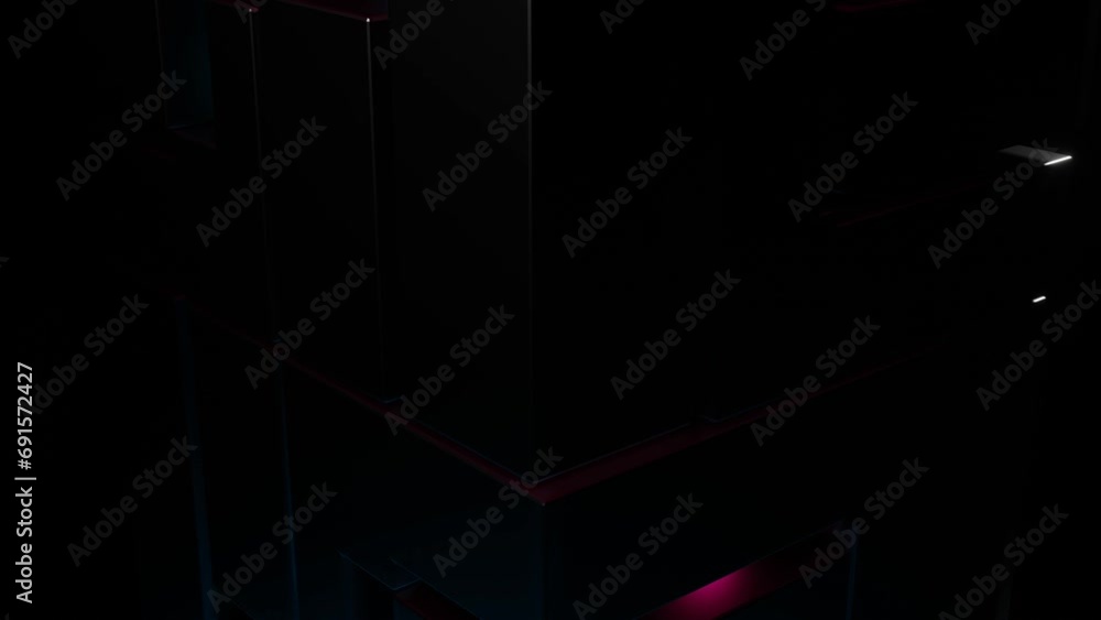 Poster composite metal abstract rectangular design rotates on black background. looping abstract animation.