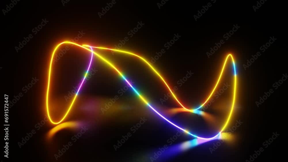 Aufkleber a curved line glows in different colors and rotates on a dark background. looping abstract animation