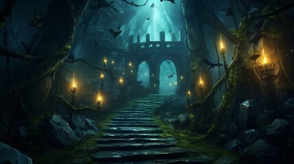 Mysterious Cave Exploration in magic lights generated by AI tool 