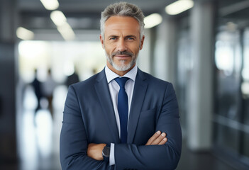 Smiling mature businessman in suit standing in office. 