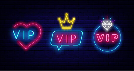 Vip neon labels collection. Speech bubbles frame. Crown icon. Heart shape border. Vector stock illustration