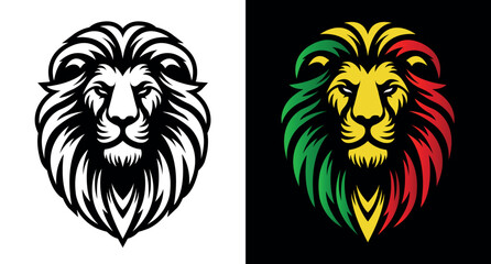 Lion of Judah face eps vector art image illustration. Rasta Jamaican lion head front view with rastafarian reggae colors on white and black background. - obrazy, fototapety, plakaty