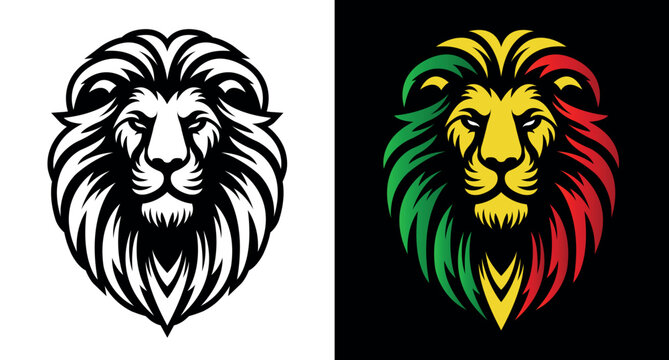 Lion of Judah face eps vector art image illustration. Rasta Jamaican lion head front view with rastafarian reggae colors on white and black background.