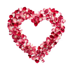 Obraz premium pink rose petals in the shape of a heart in a top view, isolated and transparent PNG in a Love-themed, photorealistic illustration. Generative ai