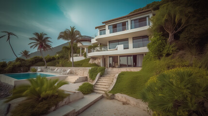 Fototapeta premium Sea Facing Modern Bungalow. Beach House. Modern House on Mountain with ocean view. Luxurious house on the beach mountain. Generative AI. 