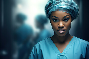ortrait of a young nursing student standing with her team in hospital, dressed in scrubs, Doctor intern - obrazy, fototapety, plakaty