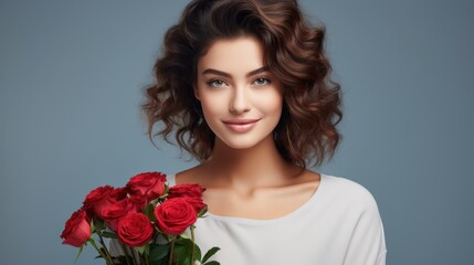 Beautiful girl holding roses. Studio photo. For advertising banners by February 14