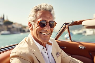 A joyful bearded senior man savoring a summer road trip in Italy, embarking on a luxury convertible adventure, embodying a lifestyle of affluence and freedom