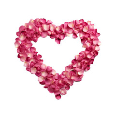 Obraz premium pink rose petals in the shape of a heart in a top view, isolated and transparent PNG in a Love-themed, photorealistic illustration. Generative ai