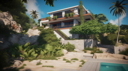 Fototapeta premium Modern House with Swimming pool on the mountain. Modern Secluded house with swimming pool. Bungalow with swimming pool on cliff. Generative AI.