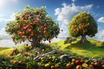 Trees of life in a fantastic fairytale setting, fruit trees in a fantastic landscape