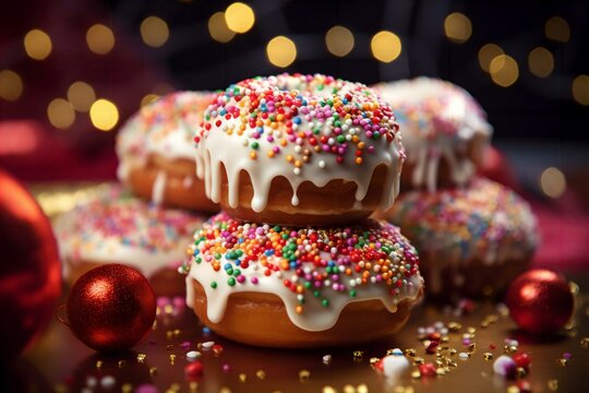 christmas donuts with icing and sprinkles on Christmas party