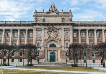palace of fine arts in stockholm city with grass around and winter trees 