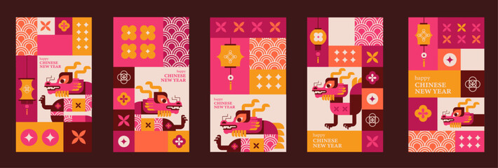 Set of 5 stories for 2024 Chinese New Year. Vector illustration. Asian Clouds, Lanterns, Dragon and Flowers, social media