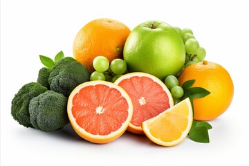 An assortment of fresh fruits on a white background.