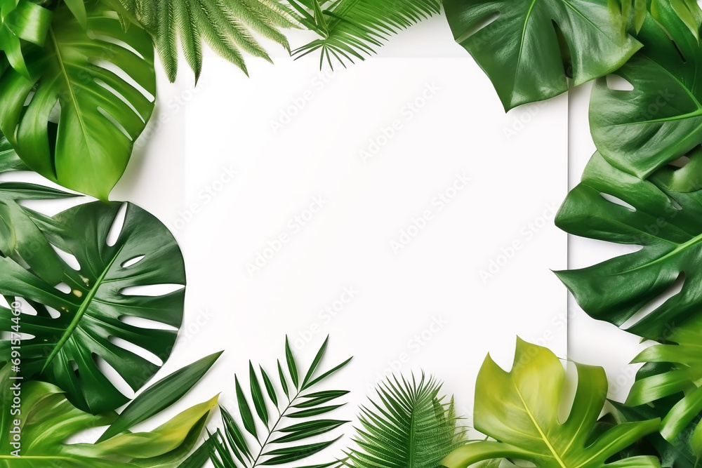 Wall mural blank paper with tropical green leaves background