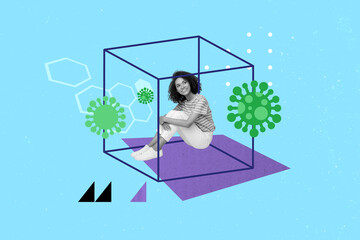 Composite collage poster immunization image of young girl sitting in 3d cube saving herself against bacteria isolated on blue background