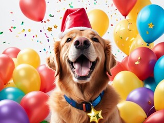 A funny dog smiling at the party with balloons, presents, and confetti isolated over white...