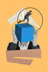 Collage portrait illustration of headless blue cube cracked hands touching head migraine stress...
