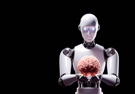 Humanoid robot with brain on black background. Artificial intelligence concept.