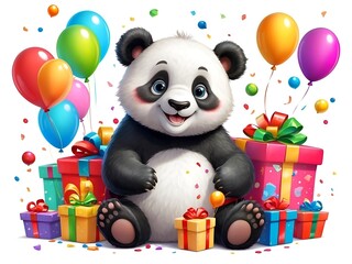 Baby panda or teddy bear with gift boxes, balloons and confetti. Colorful character animals for birthdays, festive events,..on white bakground