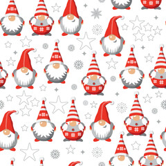 Vector seamless pattern christmas gnomes isolated on white. Cartoon characters. Xmas design for holidays decoration, greeting.