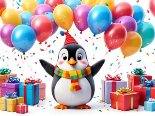 Obraz na płótnie Canvas Smiling Penguine at the party with balloons, presents, and confetti isolated on white background. Funny character animal for birthdays, festive events,... 