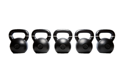 five black kettlebells in a row, side view, with size indicator stripe, isolated and transparent PNG in a Fitness-themed, photorealistic illustration. Generative ai