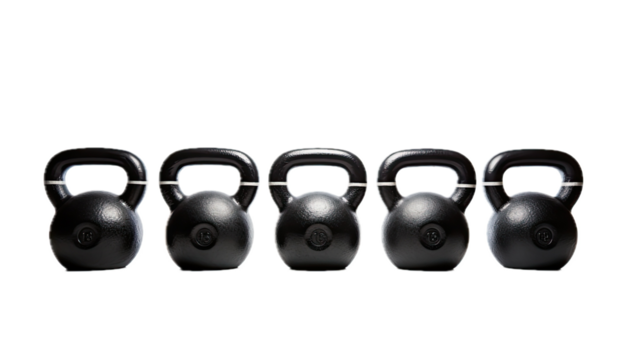 five black kettlebells in a row, side view, with size indicator stripe, isolated and transparent PNG in a Fitness-themed, photorealistic illustration. Generative ai