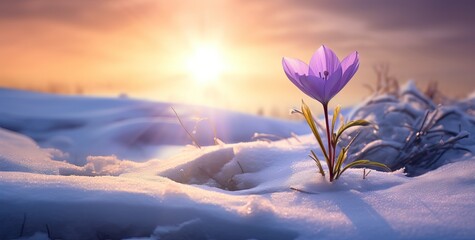 Purple flowering crocus on the side against the light in spring on a meadow. The sun shines from behind. AI generated image - obrazy, fototapety, plakaty