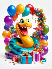 Obraz na płótnie Canvas Cute Snake smiling at the party with balloons presents and confetti isolated on white background. Colorful character animals for birthdays, festive events,..