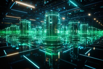 futuristic global data processing center, infrastructure for telecommunications and internet technology with virtual reality, digital future, cyberspace visualization, illumination