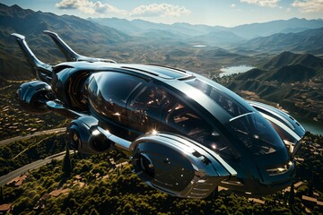 futuristic flying vehicle over the city, aerial view, cityscape, sky at sunset, aerial transportation of future