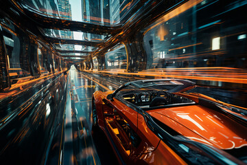 futuristic car on a glossy road in a tunnel with transparent walls, transport of the future, city...