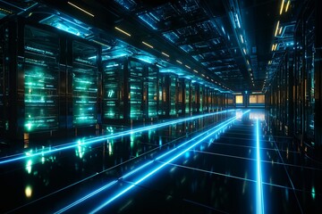 futuristic global data processing center, infrastructure for telecommunications and internet technology with virtual reality, digital future, cyberspace visualization, illumination