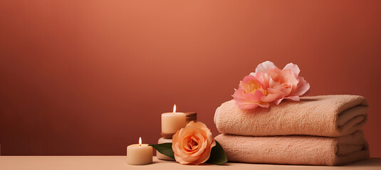 Warm spa atmosphere with peach towels, flowers and candles as decor. An atmosphere of relaxation, tranquility and pleasure.