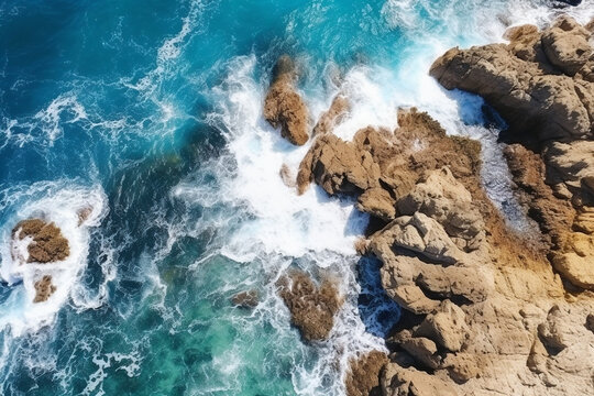 Aerial view of sea with water hitting the rocks