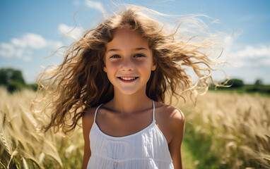 Cute fair-skinned girl walks through a field. Child freedom future clean energy environment concept.