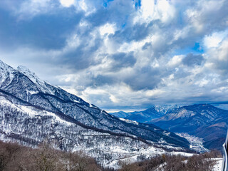 Winter view of the mountains Krasnaya Polyana, Rosa Khutor, Olympic Village, Estosadok, Sochi