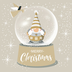 Vector Scandinavian Christmas Gnom illustration in snowball. Cartoon characters. Xmas design for holidays decoration, greeting cards,gift tags, t-shirt.