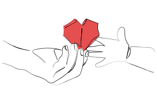  line art vector of Baby to takes red paper heart from mom's hands. Concept of love, care, adoption