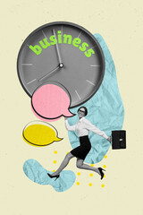 Vertical banner collage of funky working lady running with diplomat time for business saying bubble...
