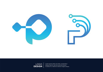 Set of Letter P digital data connection logo design. - obrazy, fototapety, plakaty