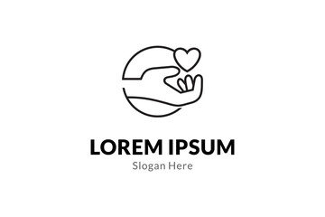 Love hand care logo design with circle shape in line art design style