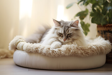 Cute domestic cat sleeping in cozy boho style bed