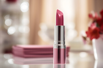 Pink lipstick with blurry background with copy space - obrazy, fototapety, plakaty