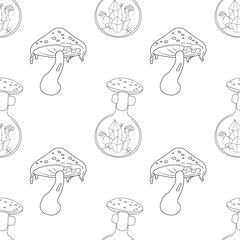 Seamless pattern, line art, fly mushroom, potion occultism magic