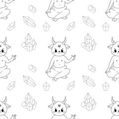 Seamless pattern, line art, satan cute ocultism magic